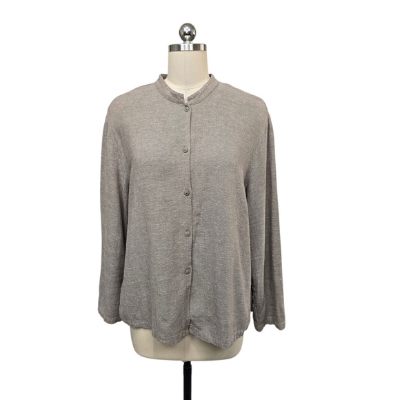 Linden Hill Tops - Linden Hill Womens XL Linen Blend Button Up Blouse Mandarin Collar Taupe Gray
